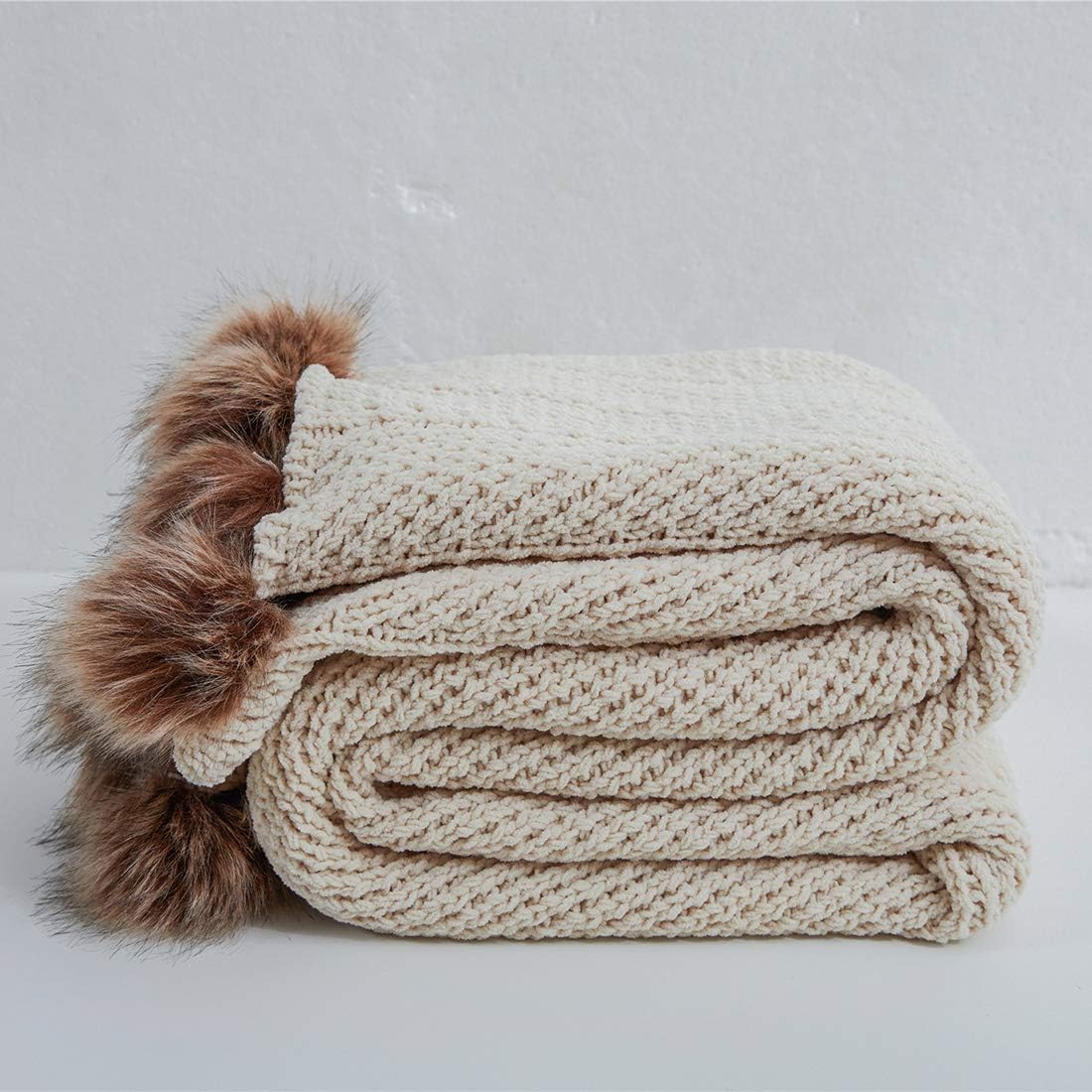 Cable-Knit Pom-Pom Throw Blanket