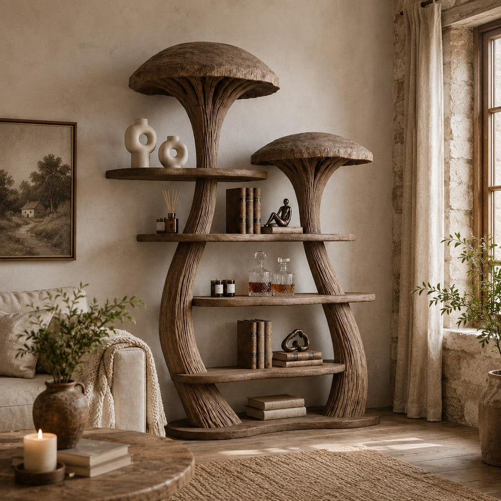 Mushroom Tree Bookshelf, Wooden Nature Inspired 50" W x 60" H Fantasy Bookcase with Tiered Display Shelves for Living Room Decor (Option 1)