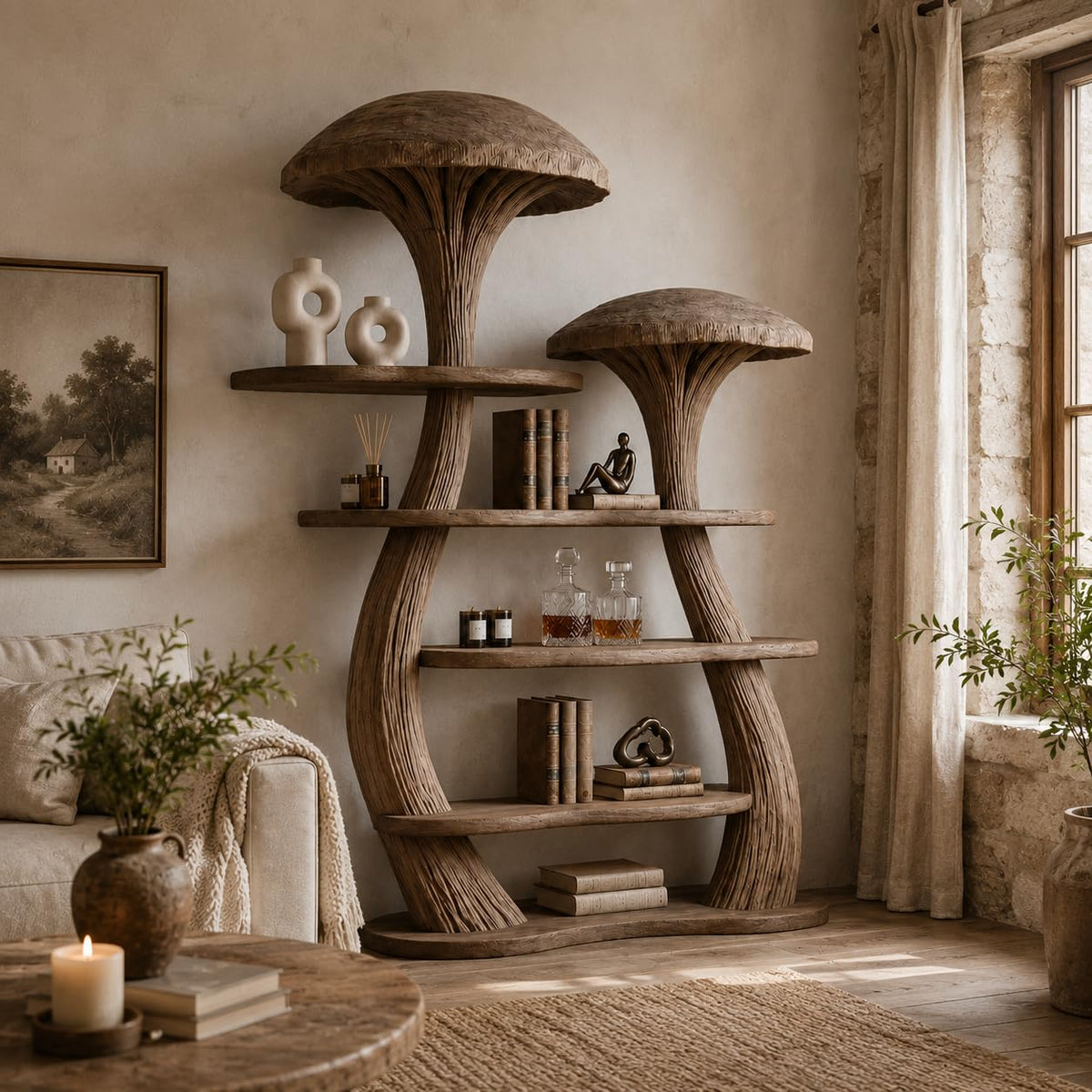 Mushroom Tree Bookshelf, Wooden Nature Inspired 50" W x 60" H Fantasy Bookcase with Tiered Display Shelves for Living Room Decor (Option 1)