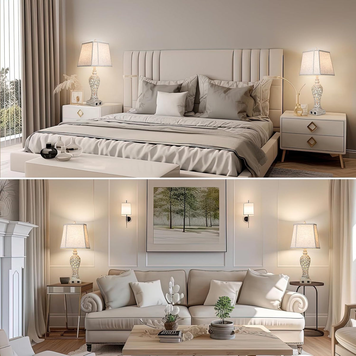 28.5" Farmhouse Table Lamp Set with Nightlights