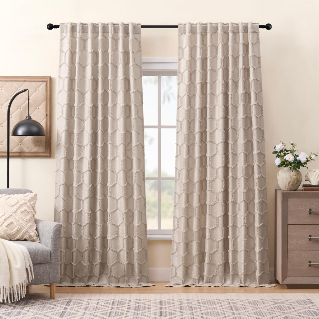 Cream Beige Geometric Jacquard Curtains, Set of Two