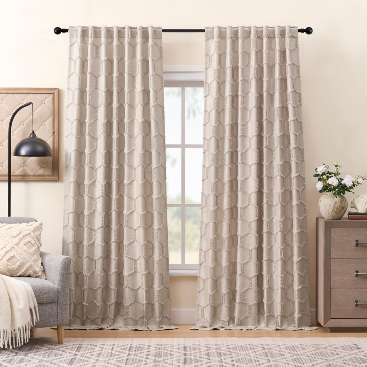 Cream Beige Geometric Jacquard Curtains, Set of Two