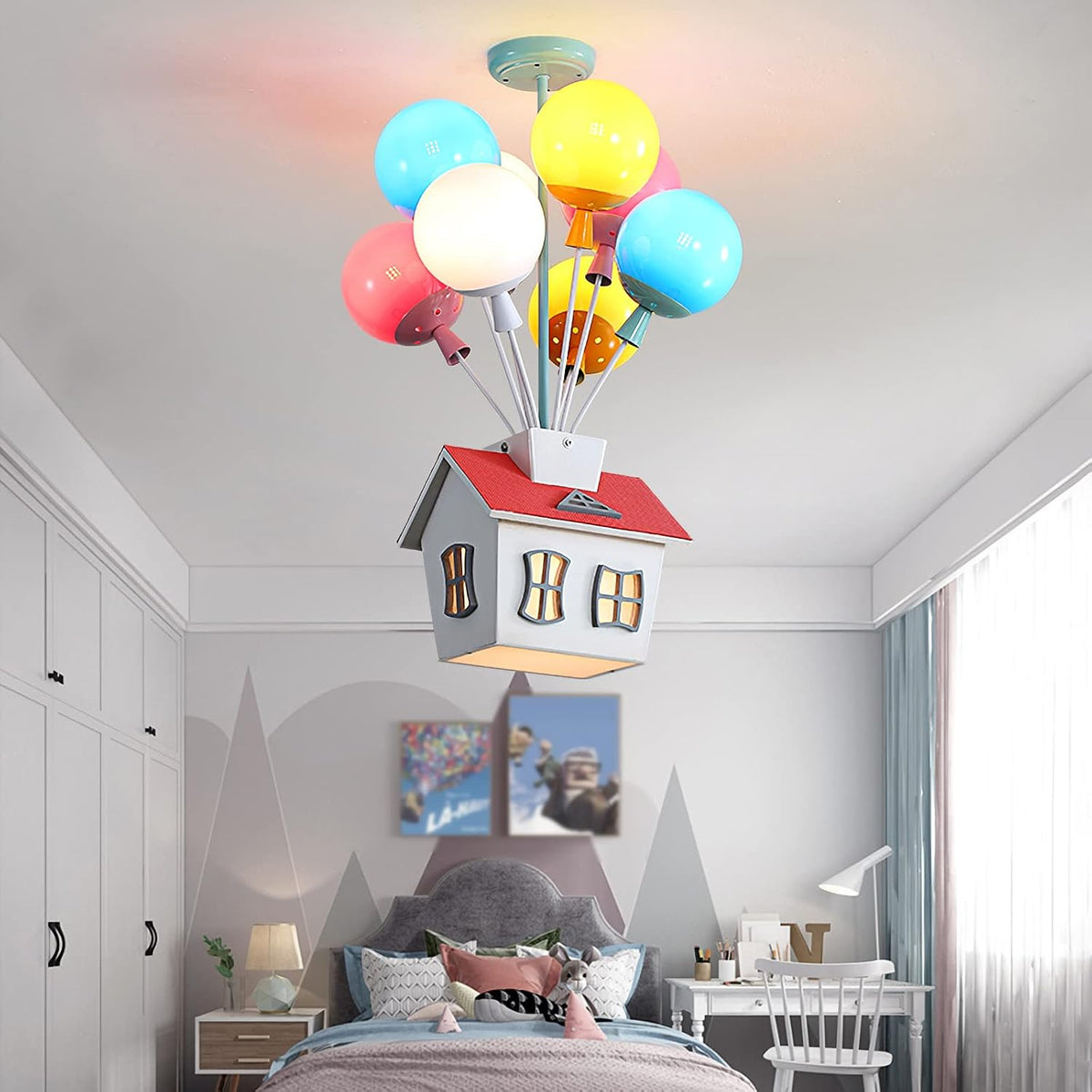 Kids House Shape Ceiling Light Colorful Balloon Wood Chandelier Cartoon House Shape with Acrylic lampshade Sputnik Ceiling Light for Girls Boys Kid's Bedroom (D16.5*H22.8IN (6 Light))