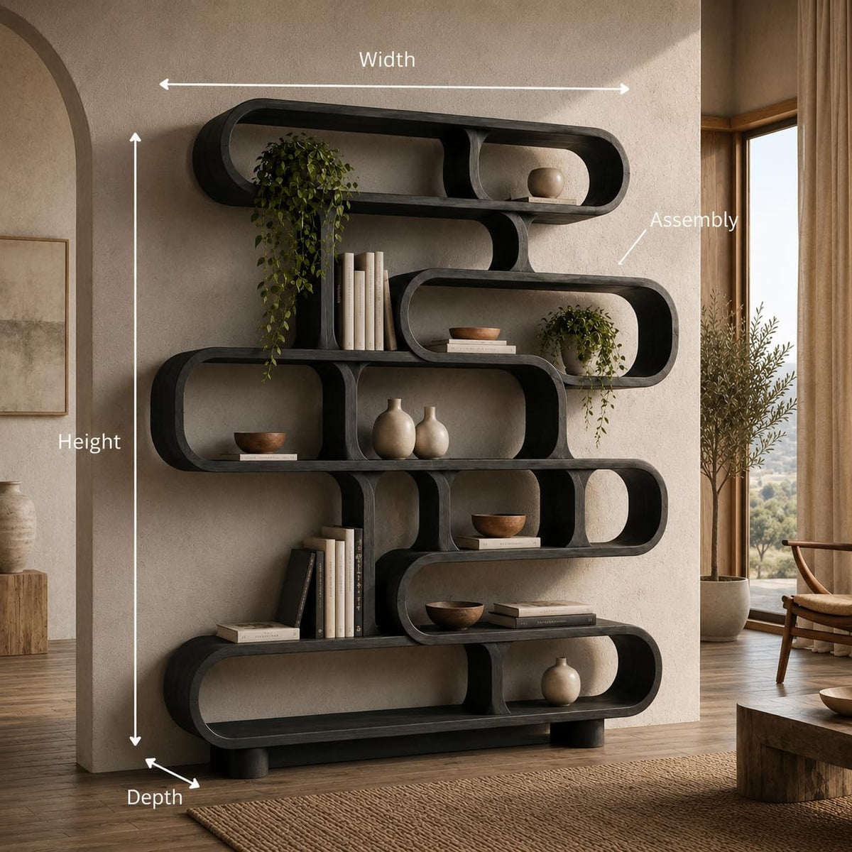 Sculptural Wood Bookshelf, Curved Solid Wood Bookcase for Living Room or Office, Modern Display Storage Shelf (Option 4)