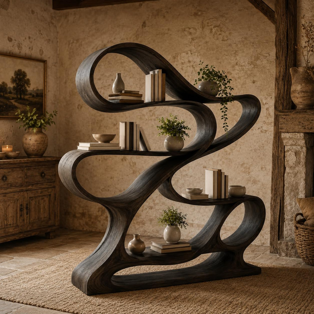 Artistic Wooden Bookshelf, Solid Wood Curved Bookcase with Open Shelves, Freestanding Display Storage for Living Room (Option 2)