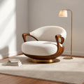 Cream Boucle Swivel Accent Chair, Curved Wood Lounge Chair with Gold Base