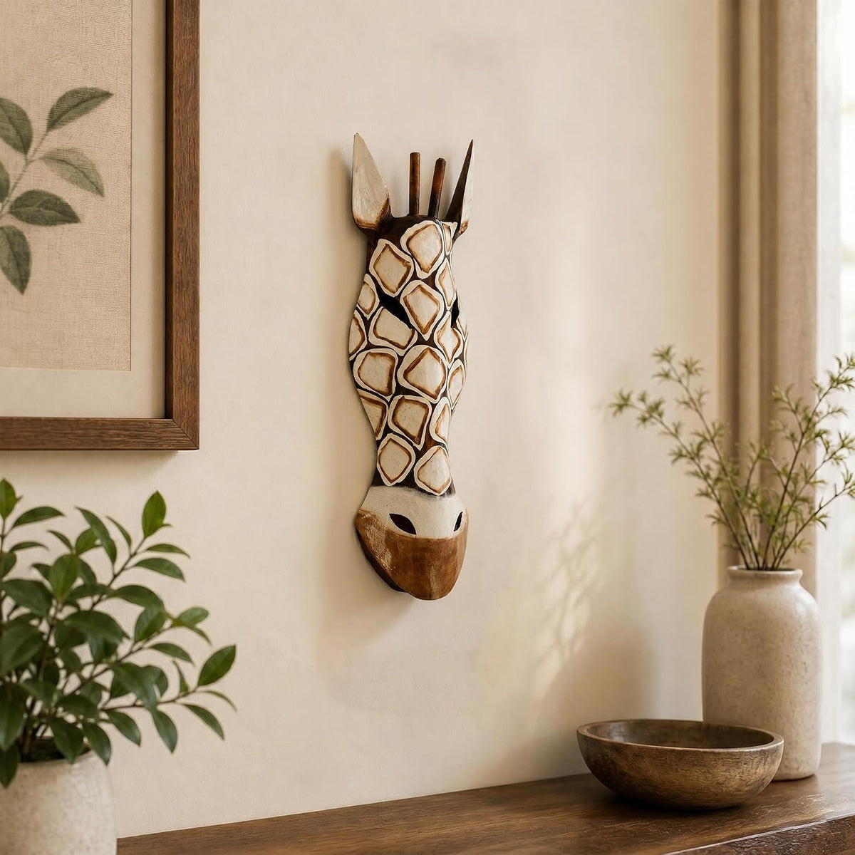 G6 Collection 20" African Wooden Tribal Giraffe Mask Hand Carved Wall Plaque