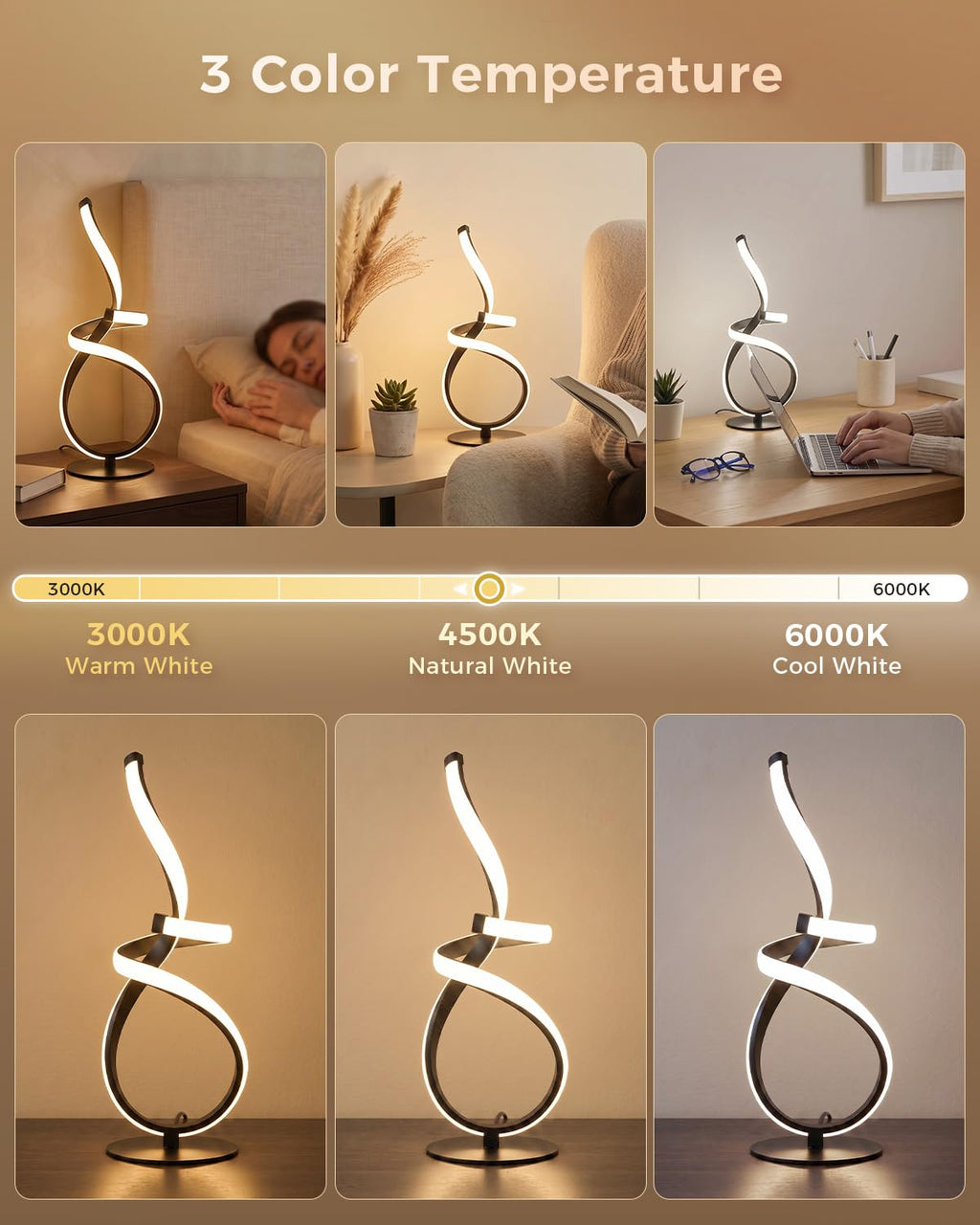 Gold Cool Table Lamps Set of 2, Modern LED Spiral Desk Lights