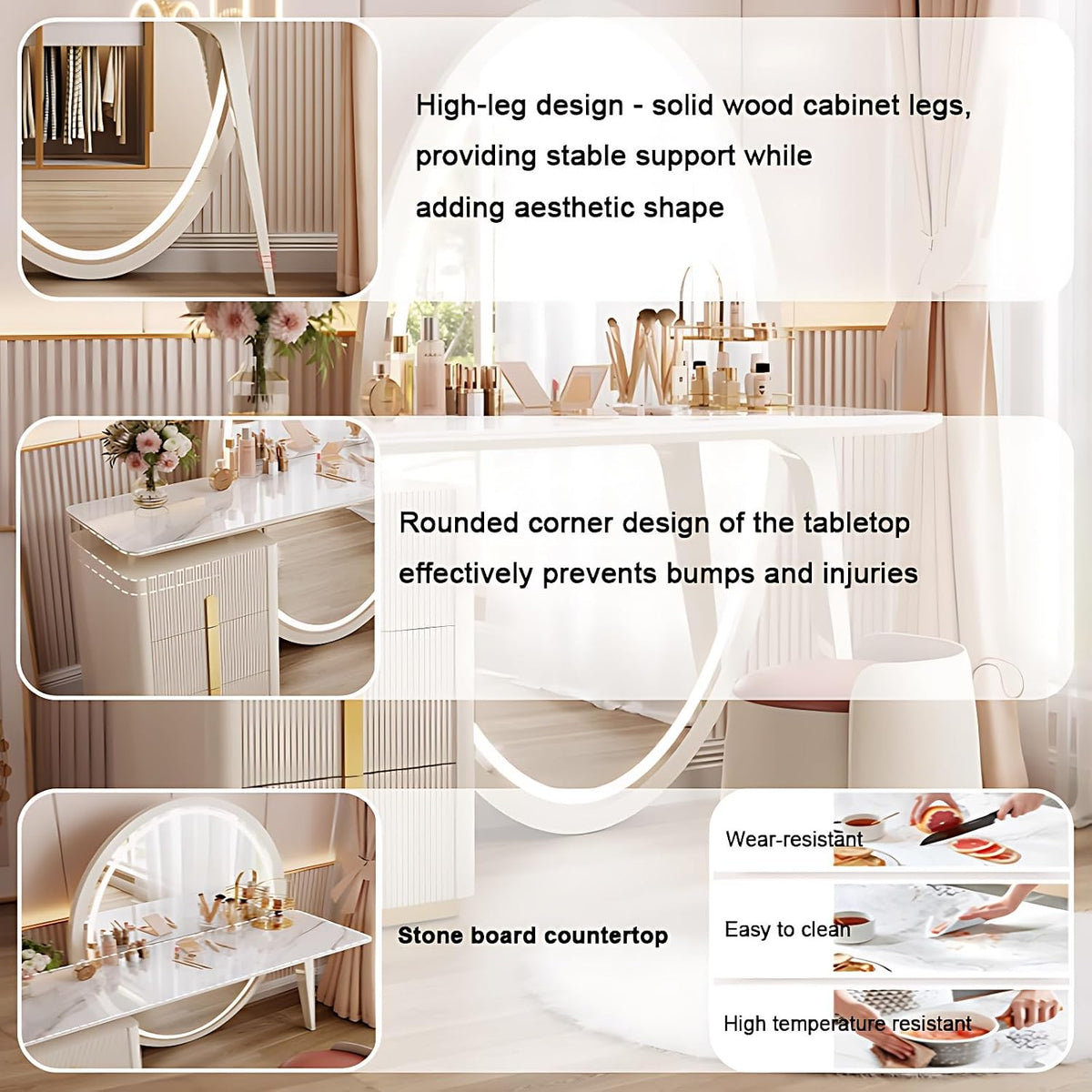 Solid Wood Vanity Desk with LED Mirror, Stool & Drawers