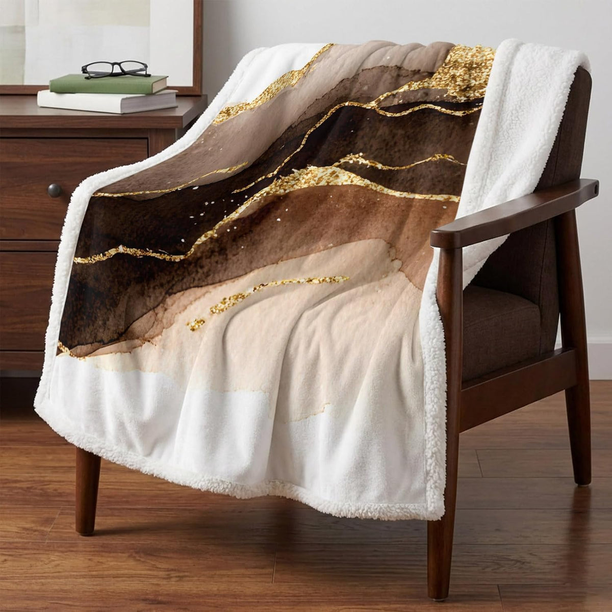 Brown & Gold Marble Sherpa Fleece Throw Blanket