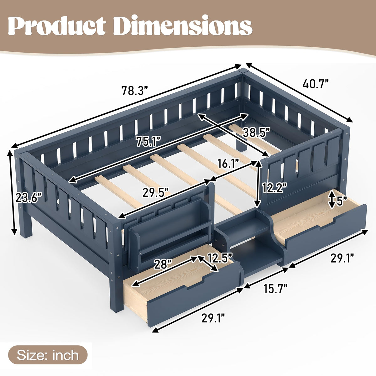 Montessori Bed with Stairs, Bookshelf & Storage Drawers