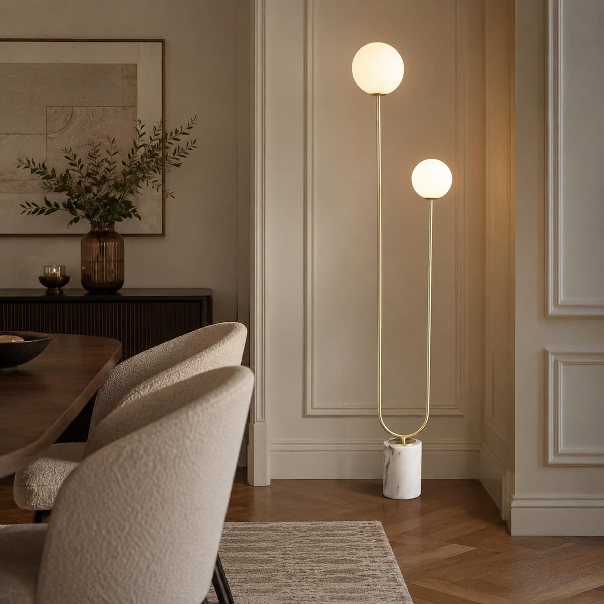 Mid-Century Modern U-Shaped Floor Lamp with Frosted Glass Shades