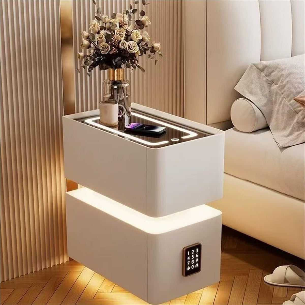 LED Smart Nightstand with 2 Drawers, Side Table, Modern Floating Nightstand for Bedroom and Living Room, Gray, 11.8"x15.7"x18.9"