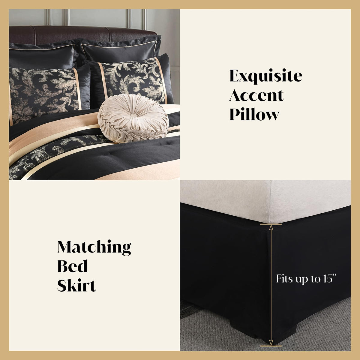 CozyDH Black Gold Jacquard Comforter Set California King, 7PCS Bed in a Bag