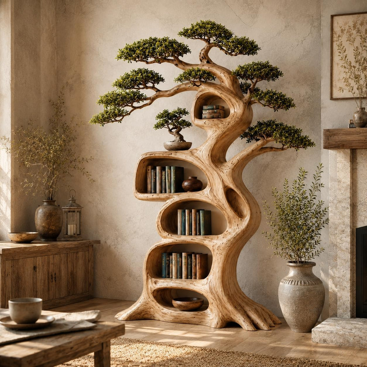Rustic Tree Bookshelf, Solid Wood 70" H x 60" W Nature Inspired Bookcase with Open Shelves for Living Room Wall Decor (Option 4)