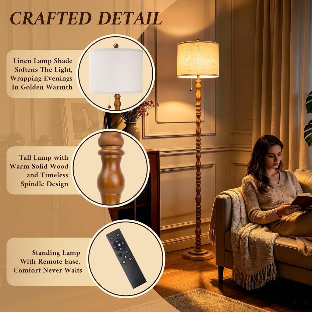 CEDARLUX 65.5" Natural Real Wood Floor Lamp, Vintage Standing Lamp Brwon