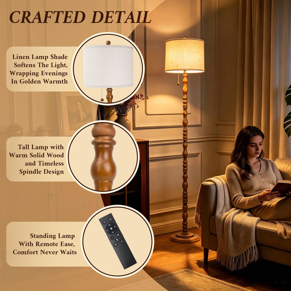 CEDARLUX 65.5" Natural Real Wood Floor Lamp, Vintage Standing Lamp Brwon