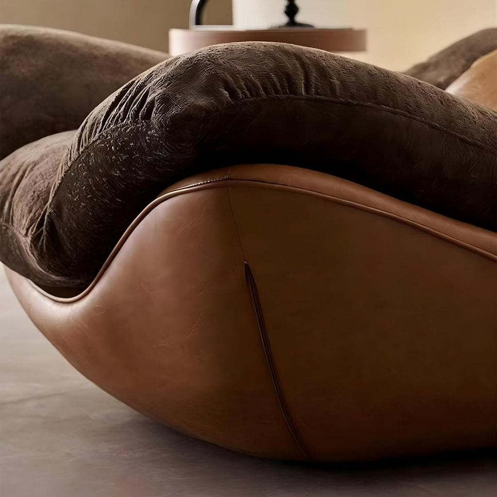 Modern Lounge Chair, Plush Fabric Lounge Chair with Faux Leather Base, Low Profile Lazy Sofa Chair, Ergonomic Curved Upholstered Chair for Living Room, Bedroom, Reading Nook, No Assembly Required