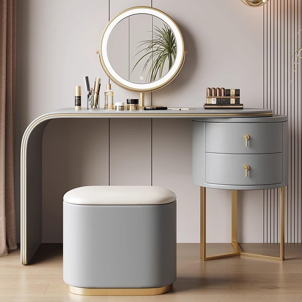 Modern Vanity Table with Adjustable LED Mirror & Stool