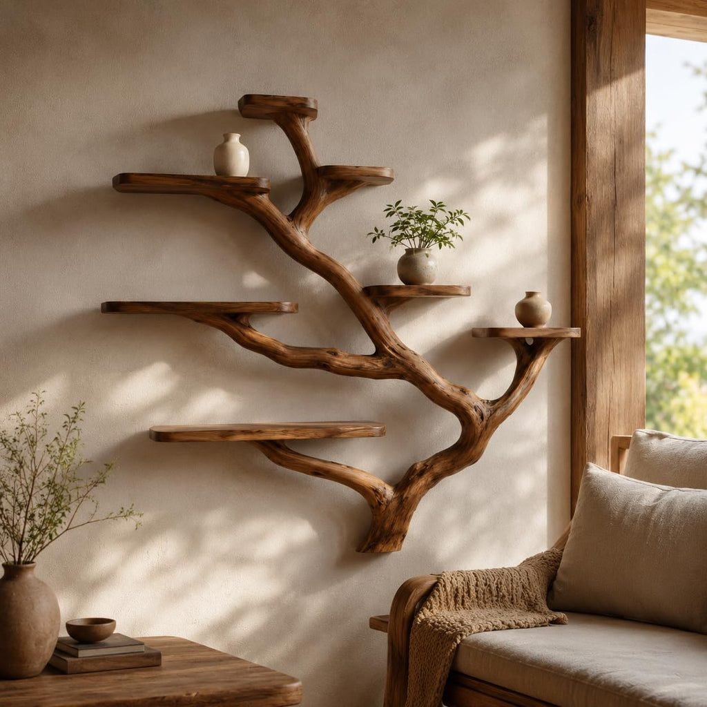 Wall Mounted Tree Bookshelf, Solid Wood Branch Floating Shelf, Rustic Driftwood Style Plant Display & Book Shelf for Boho Farmhouse Living Room Wall Decor (Option 5)
