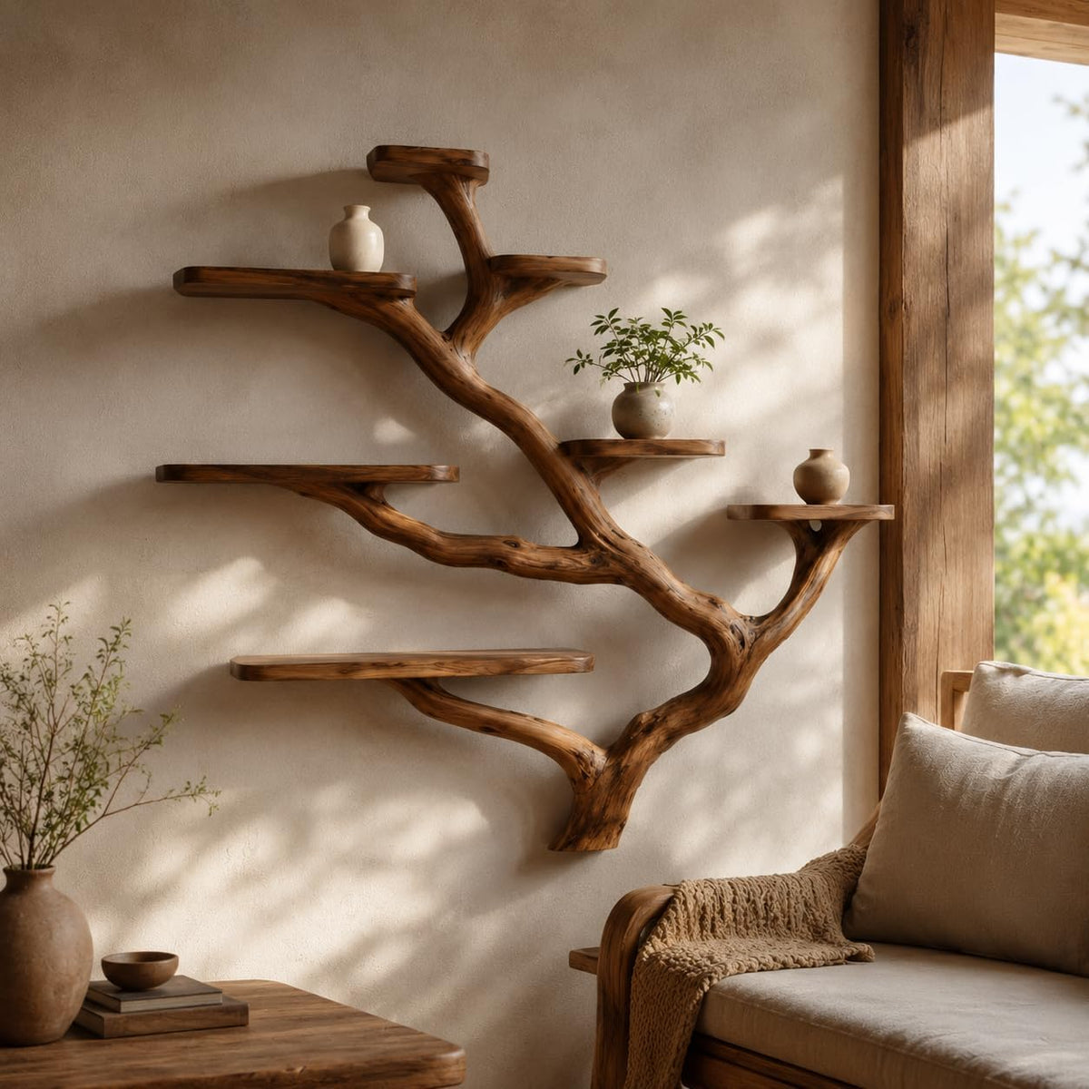 Wall Mounted Tree Bookshelf, Solid Wood Branch Floating Shelf, Rustic Driftwood Style Plant Display & Book Shelf for Boho Farmhouse Living Room Wall Decor (Option 5)
