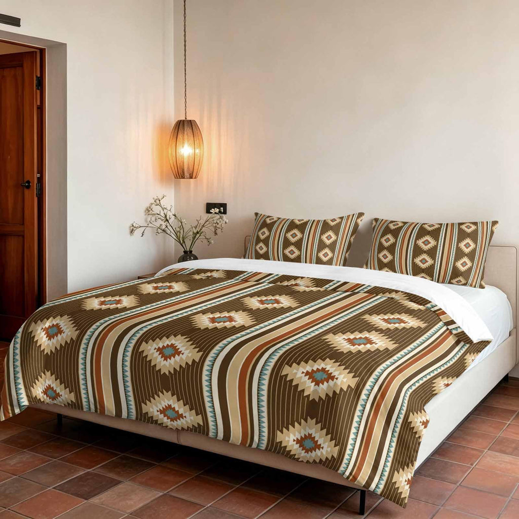 3 Pieces Duvet Cover Queen Bedding Sets Western Ethnic Brown Geometric Luxury Soft