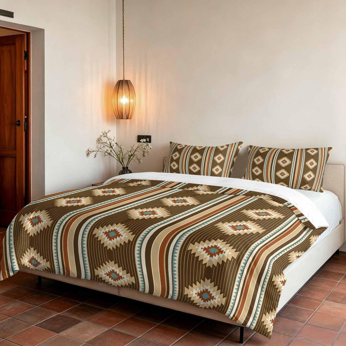 3 Pieces Duvet Cover Queen Bedding Sets Western Ethnic Brown Geometric Luxury Soft