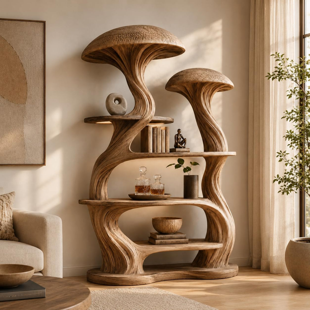 Mushroom Tree Bookshelf, Wooden Nature Inspired 50" W x 60" H Fantasy Bookcase with Tiered Display Shelves for Living Room Decor (Option 1)