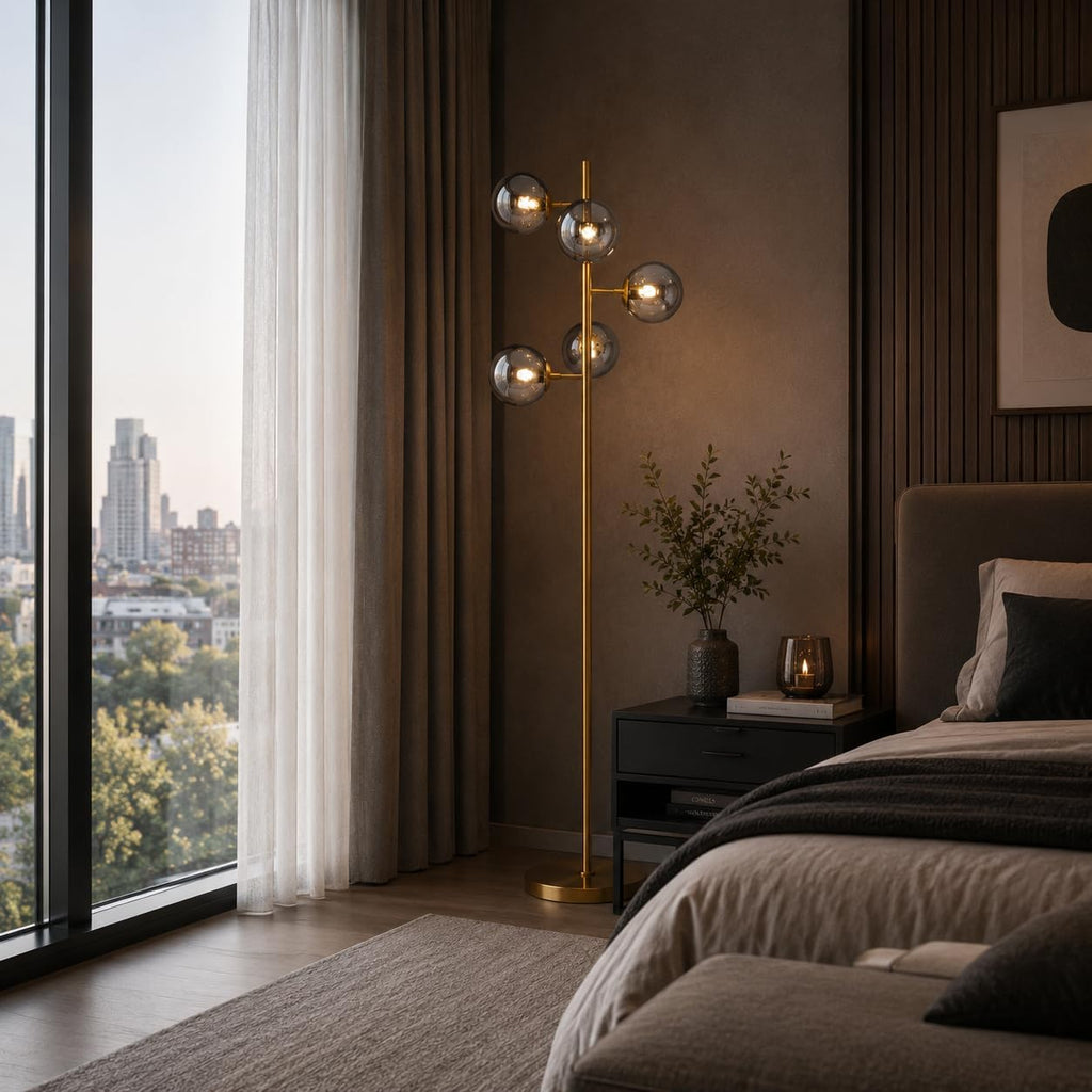 BOKT Gold 5-Light 67'' Tall Floor Lamp Smoked Glass Globes Standing Lamp