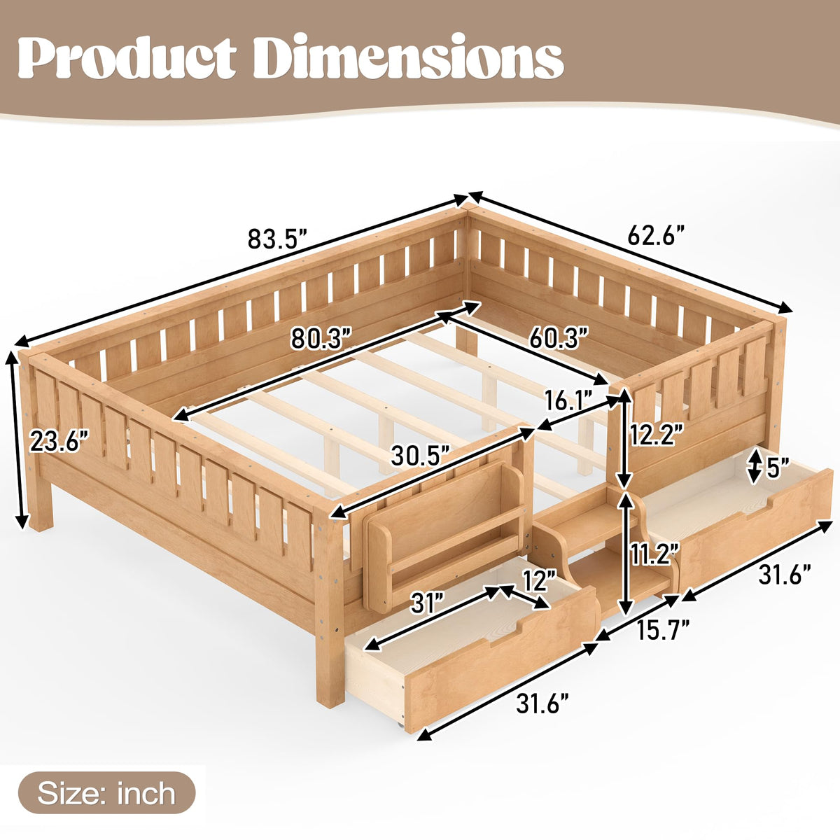Montessori Bed with Stairs, Bookshelf & Storage Drawers