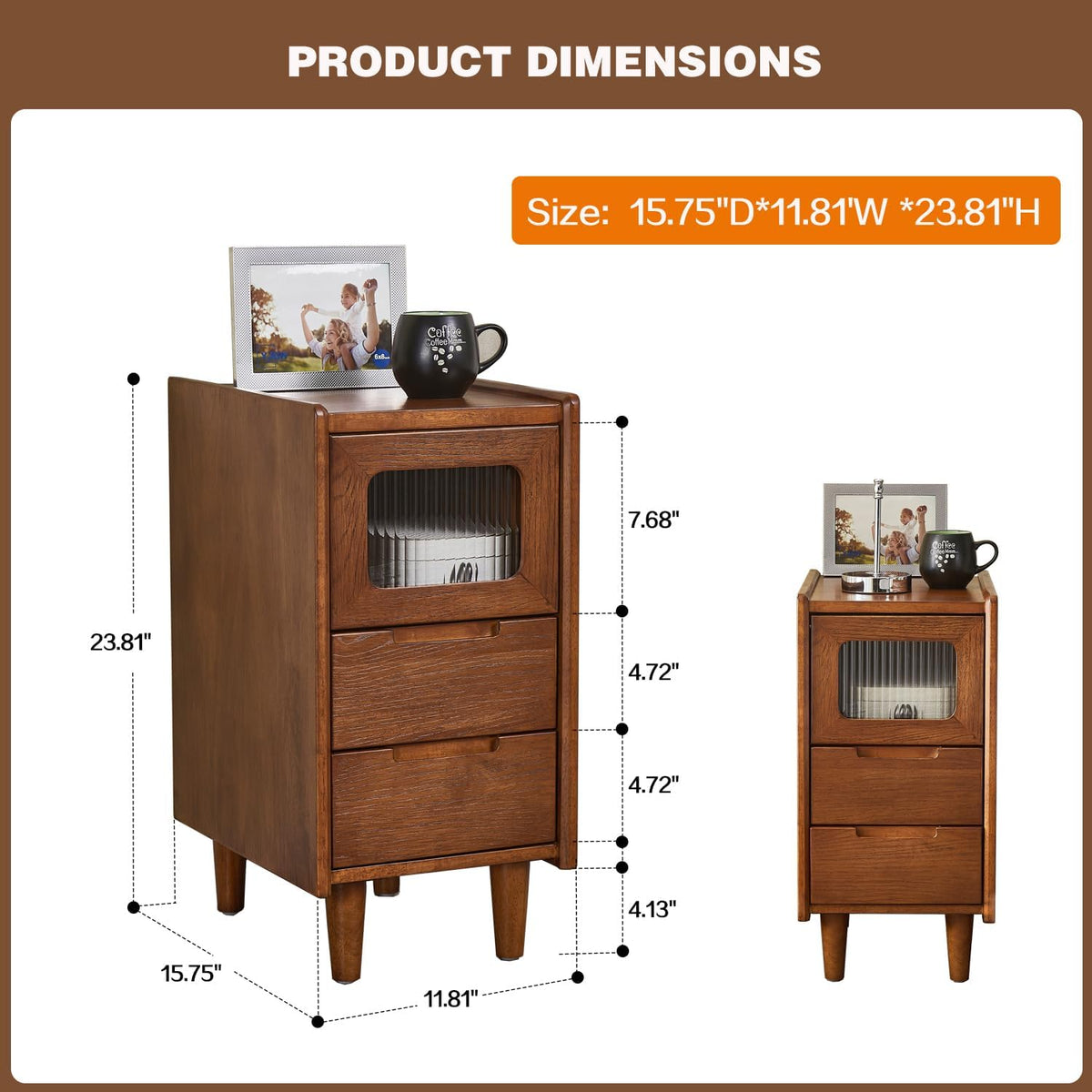 Rubberwood Nightstand with Fluted Glass Door