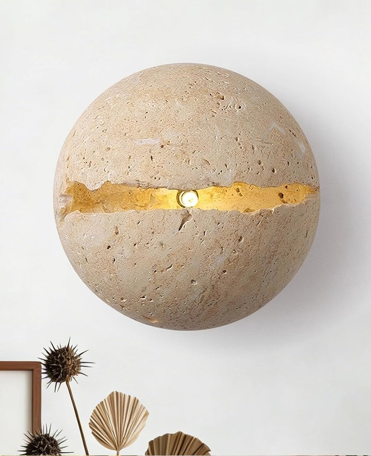 Natural Round Travertine Wall Sconce, 7.1" Wabi Sabi Light Fixture