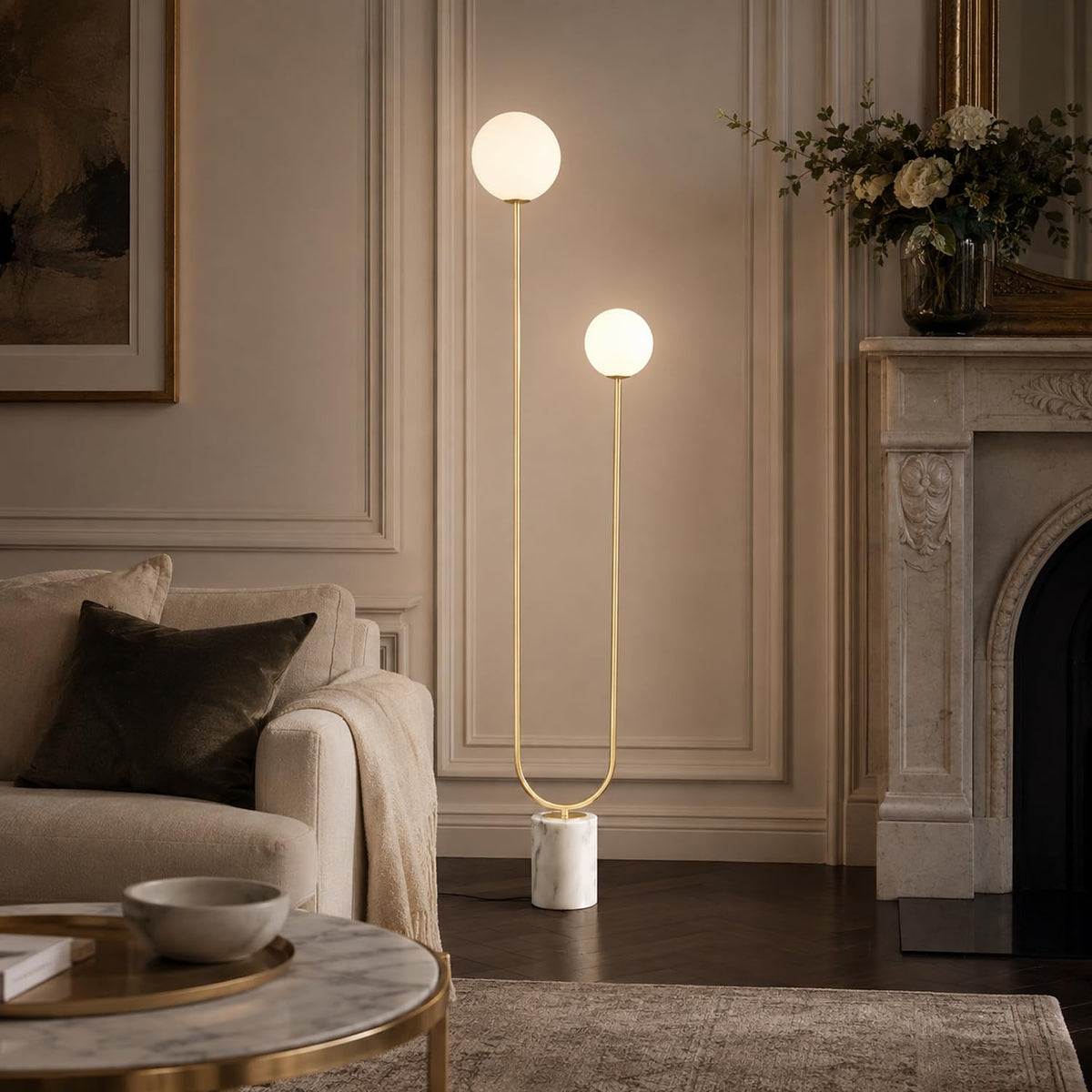 Mid-Century Modern U-Shaped Floor Lamp with Frosted Glass Shades