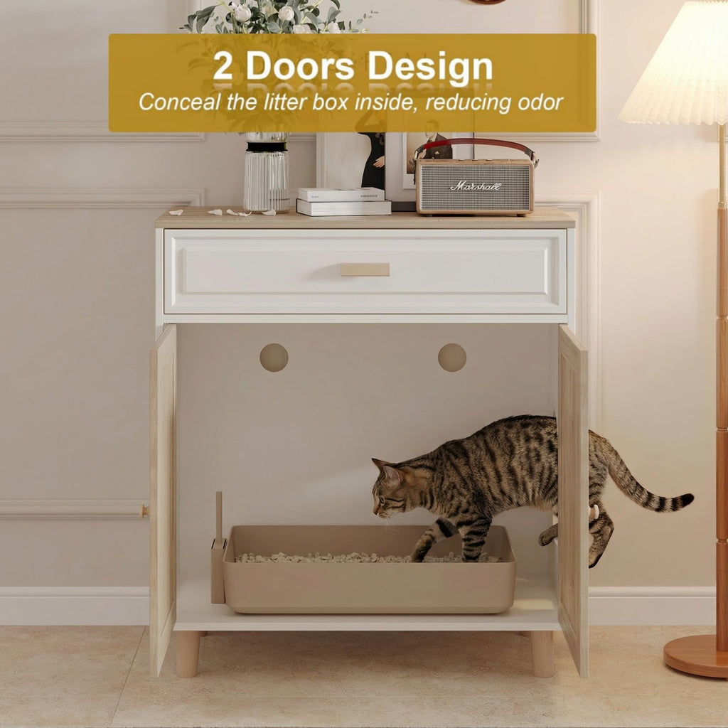 Cat Litter Box Enclosure Furniture Hidden Indoor 2-in-1 Wooden Cat & Washroom Cabinet with Scratching Board Doors and 3 Drawer for 2 Cats, 55"x20"x24"H