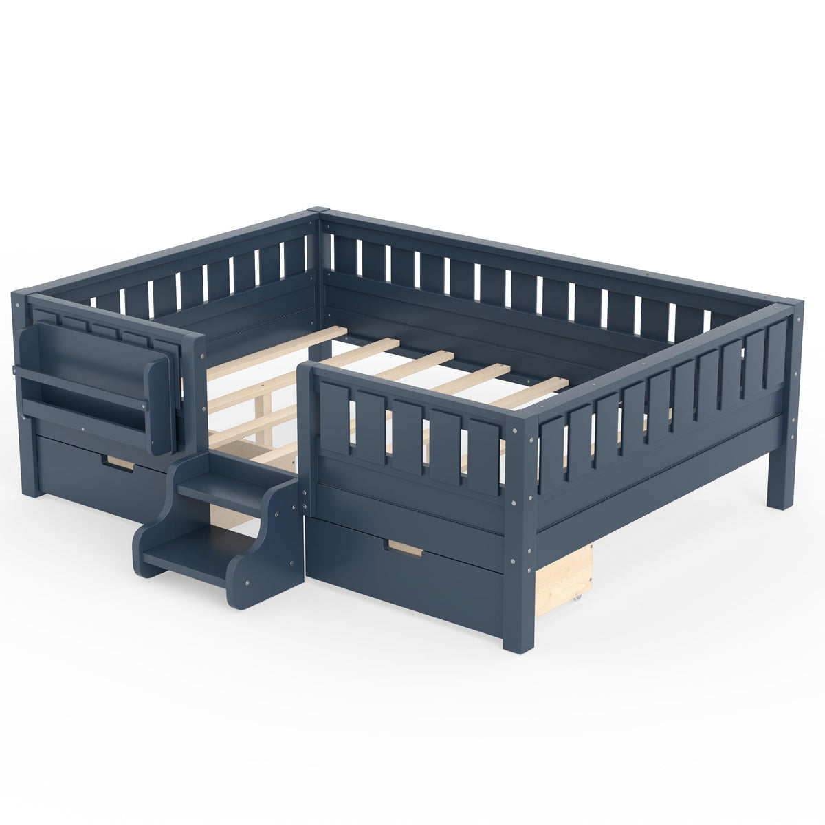 Montessori Bed with Stairs, Bookshelf & Storage Drawers