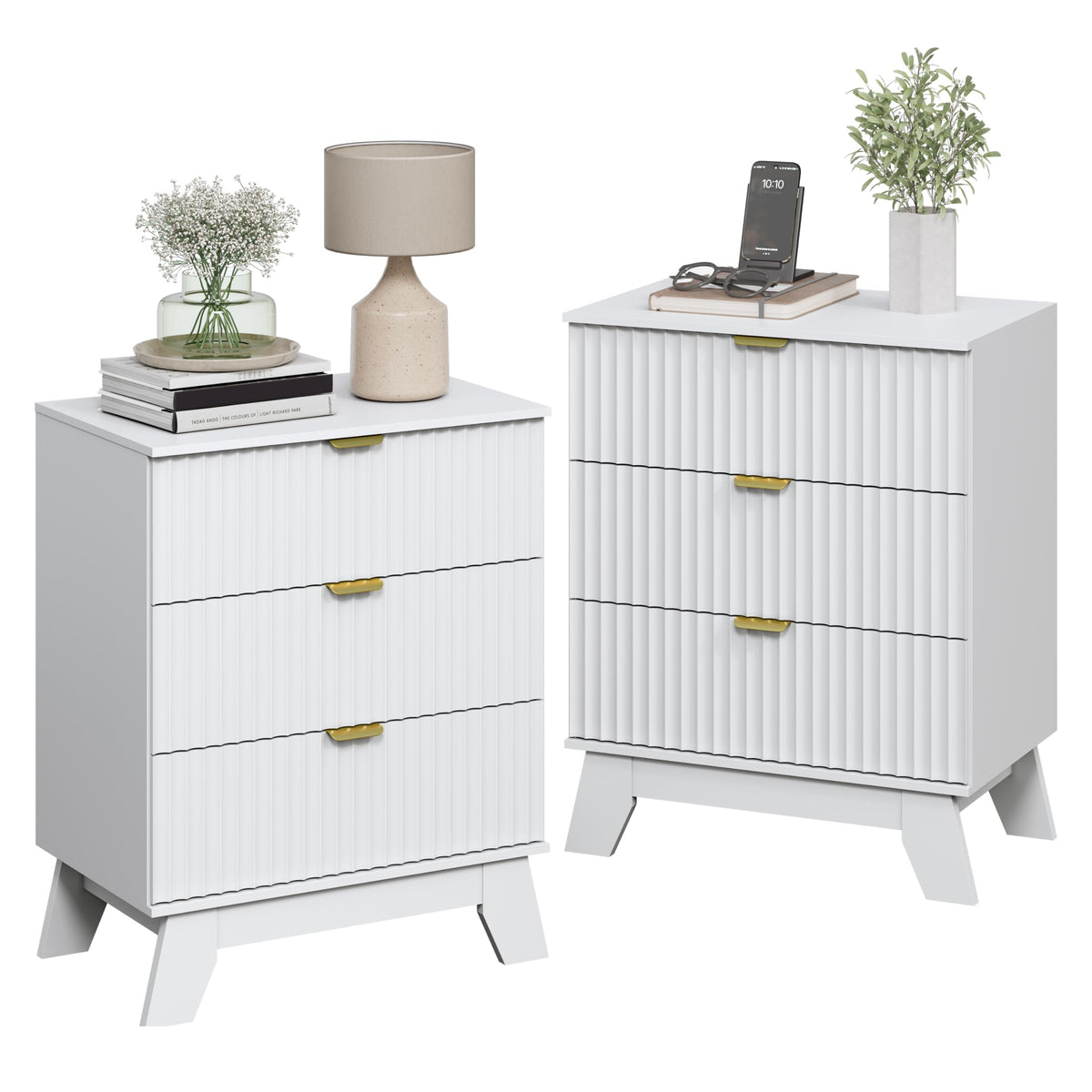 Fluted Nightstands with Charging Station, Set of 2