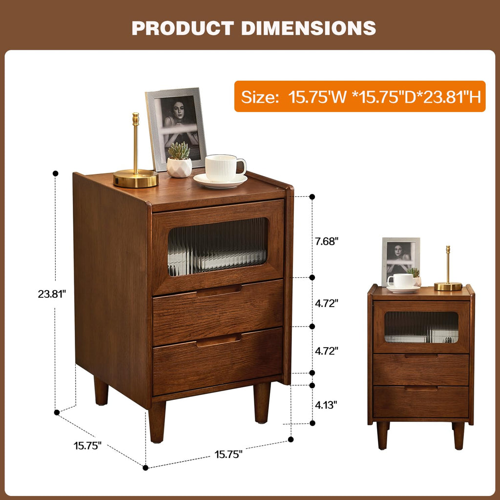 Rubberwood Nightstand with Fluted Glass Door