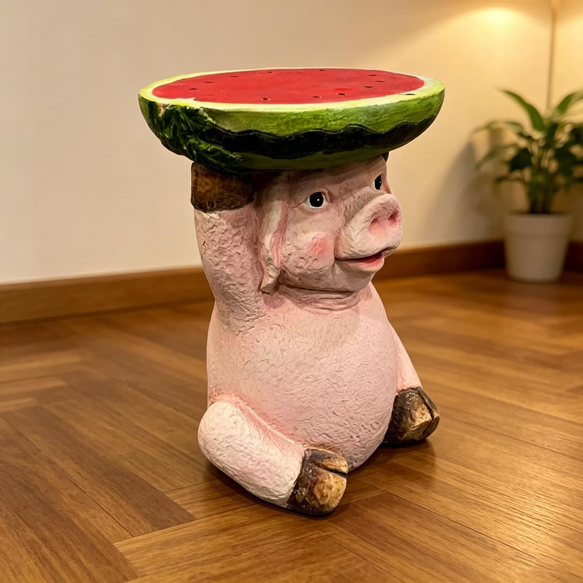 13.4" Cute Pig Side Table w/ Watermelon Top, Resin Plant Stand, Pink+Red