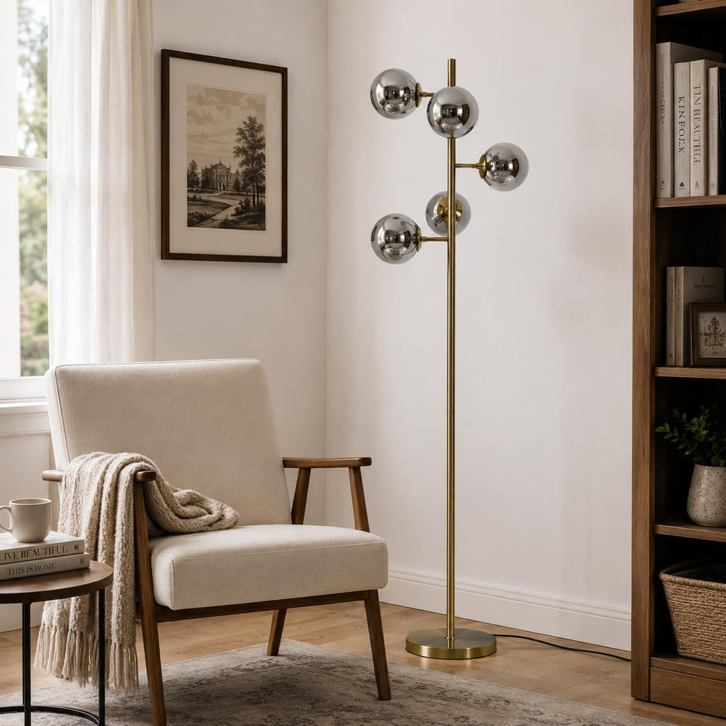 BOKT Gold 5-Light 67'' Tall Floor Lamp Smoked Glass Globes Standing Lamp