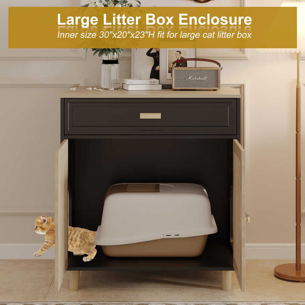 Cat Litter Box Enclosure Furniture Hidden Indoor 2-in-1 Wooden Cat & Washroom Cabinet with Scratching Board Doors and 3 Drawer for 2 Cats, 55"x20"x24"H