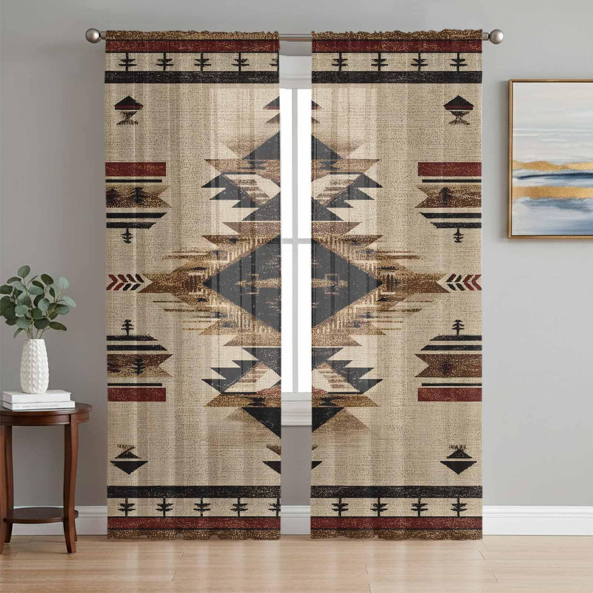 Brown Geometric Sheer Curtains, Set of Two