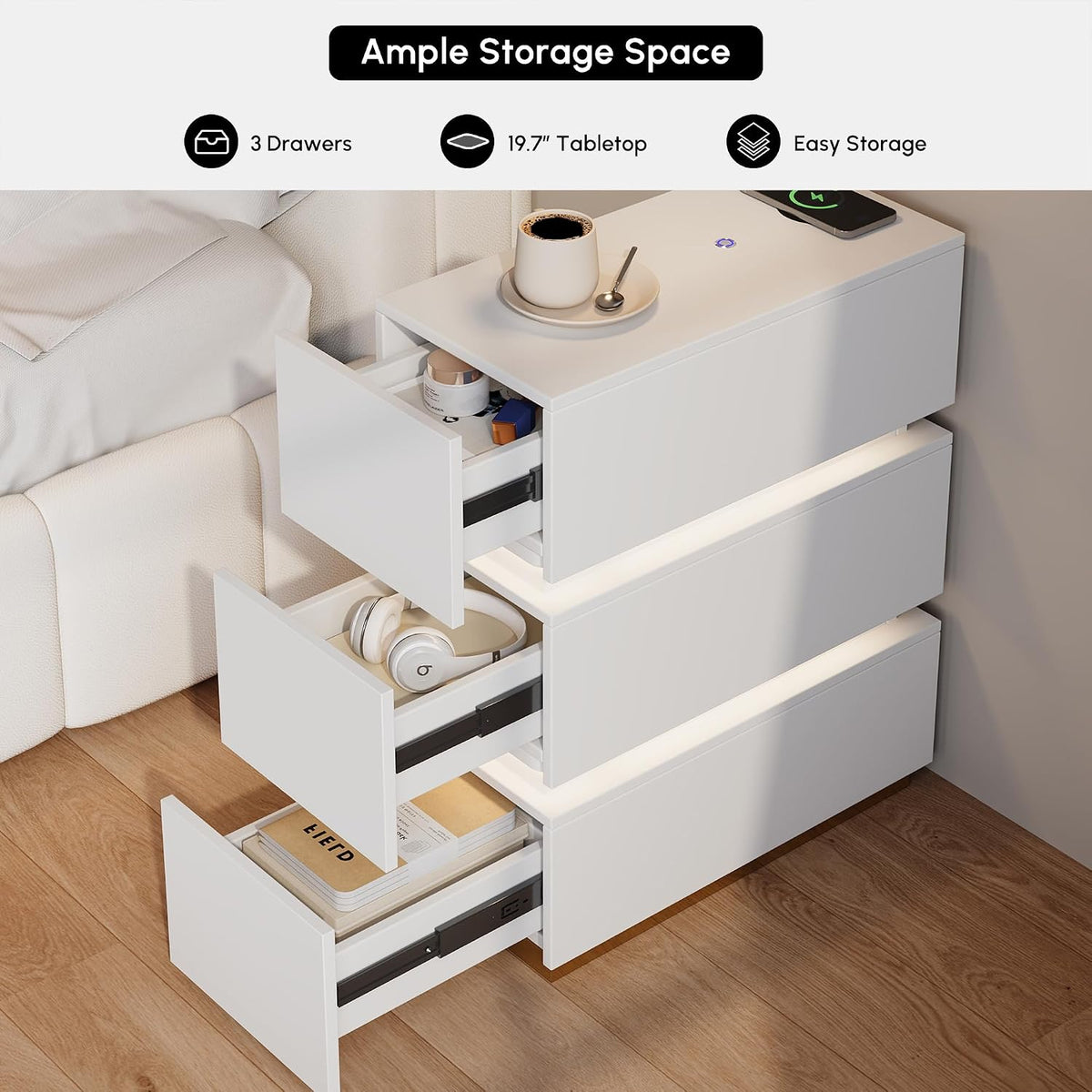 Narrow Smart Nightstand with Wireless Charging
