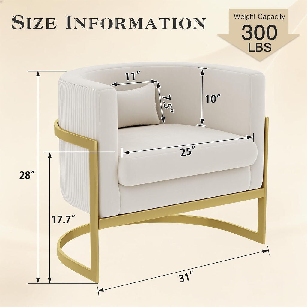 Velvet Accent Chair Ivory Modern Barrel Chair with Gold Legs