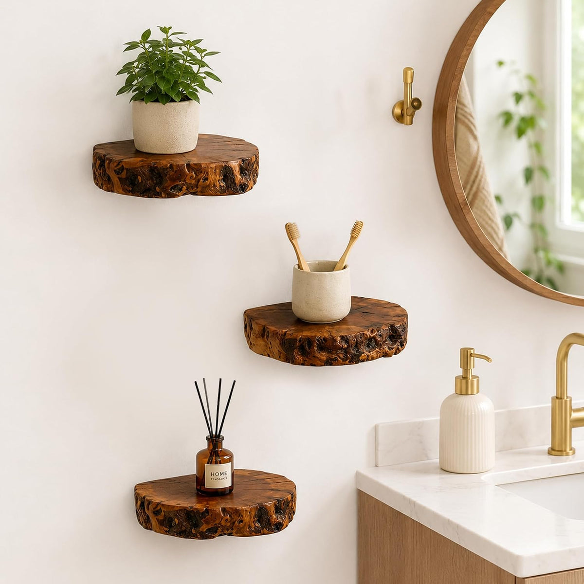 Handmade Jujube Wood Floating Shelves – Set of 3