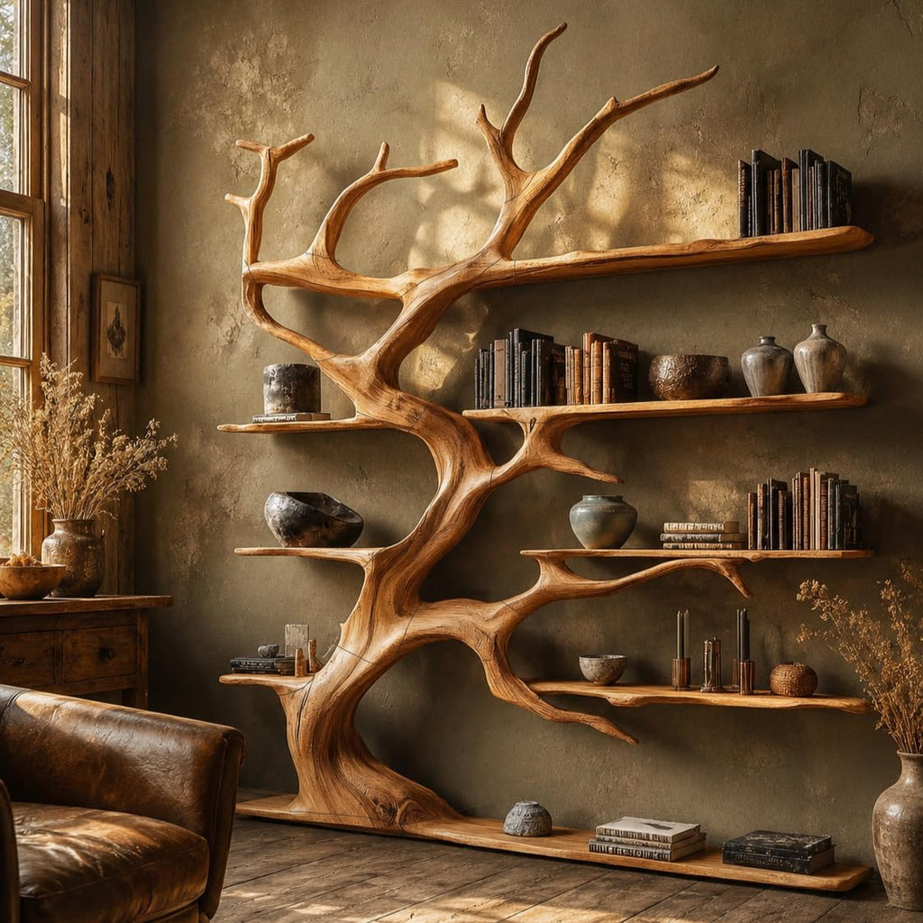 Tree Bookshelf, Handcrafted Natural Wood Tree Branch Wall Bookcase, Sculptural Floating Shelves for Living Room, Study and Home Library, Driftwood Decor