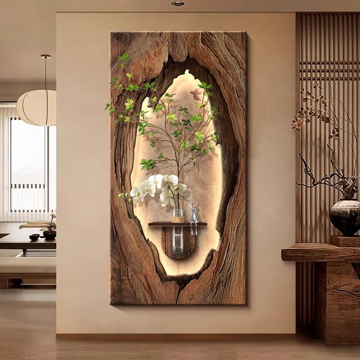 3D LED Sandstone Wall Art with Orchid Vase Detail