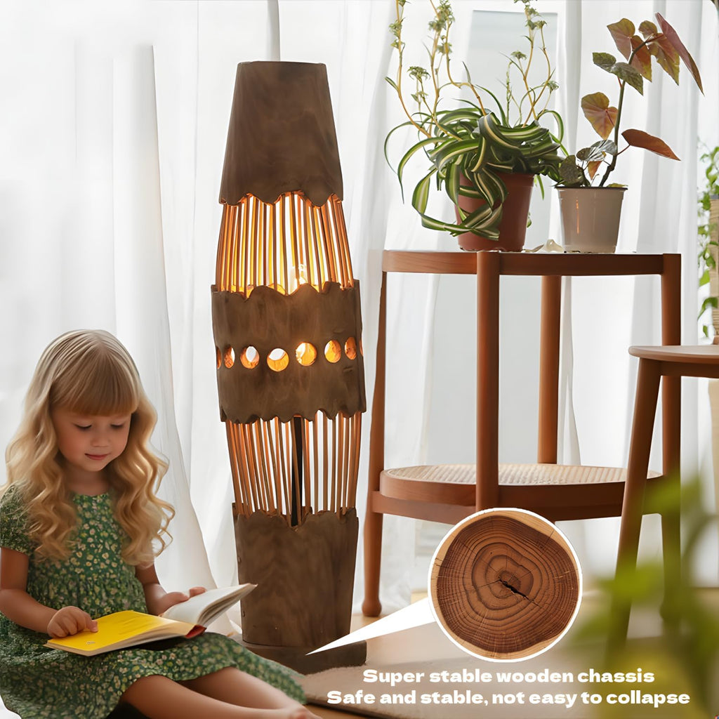 34.64" Mid Century Boho Farmhouse Wood Floor Lamp with Bamboo Shade