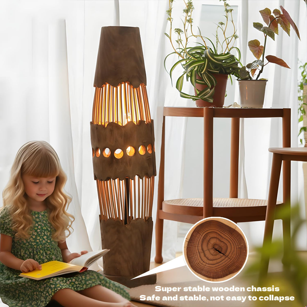 34.64" Mid Century Boho Farmhouse Wood Floor Lamp with Bamboo Shade
