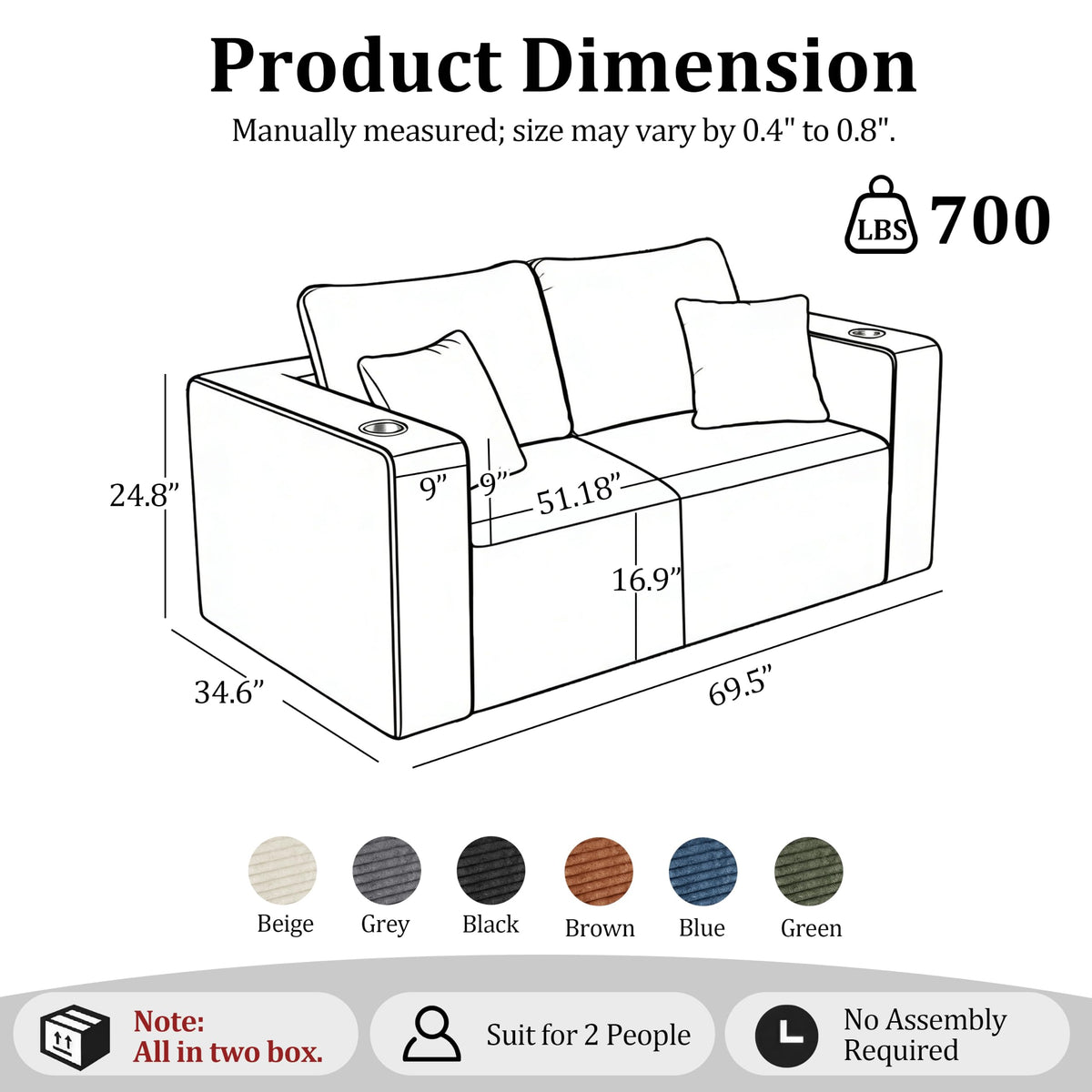 Modular Boneless Loveseat Sectional Cloud Sofa Comfy Deep Seat Corduroy Small Couch