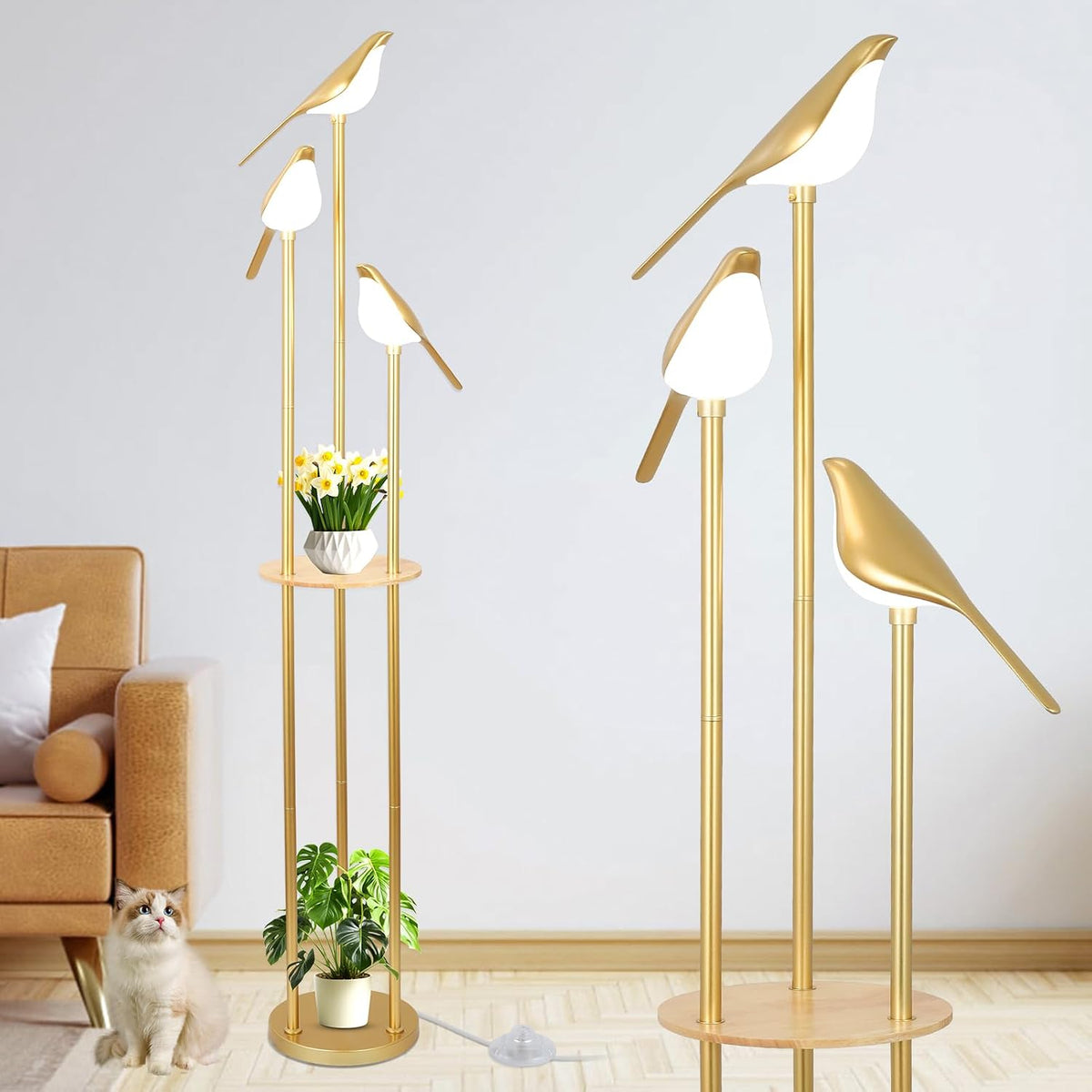 Gold Floor Lamp with Shelves & Adjustable Bird Lights
